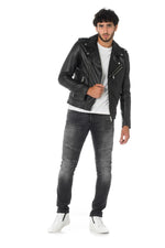Black leather perfecto with denim patches - Image n°3