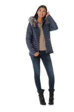 Blue nylon down jacket with fox fur - Image n°4