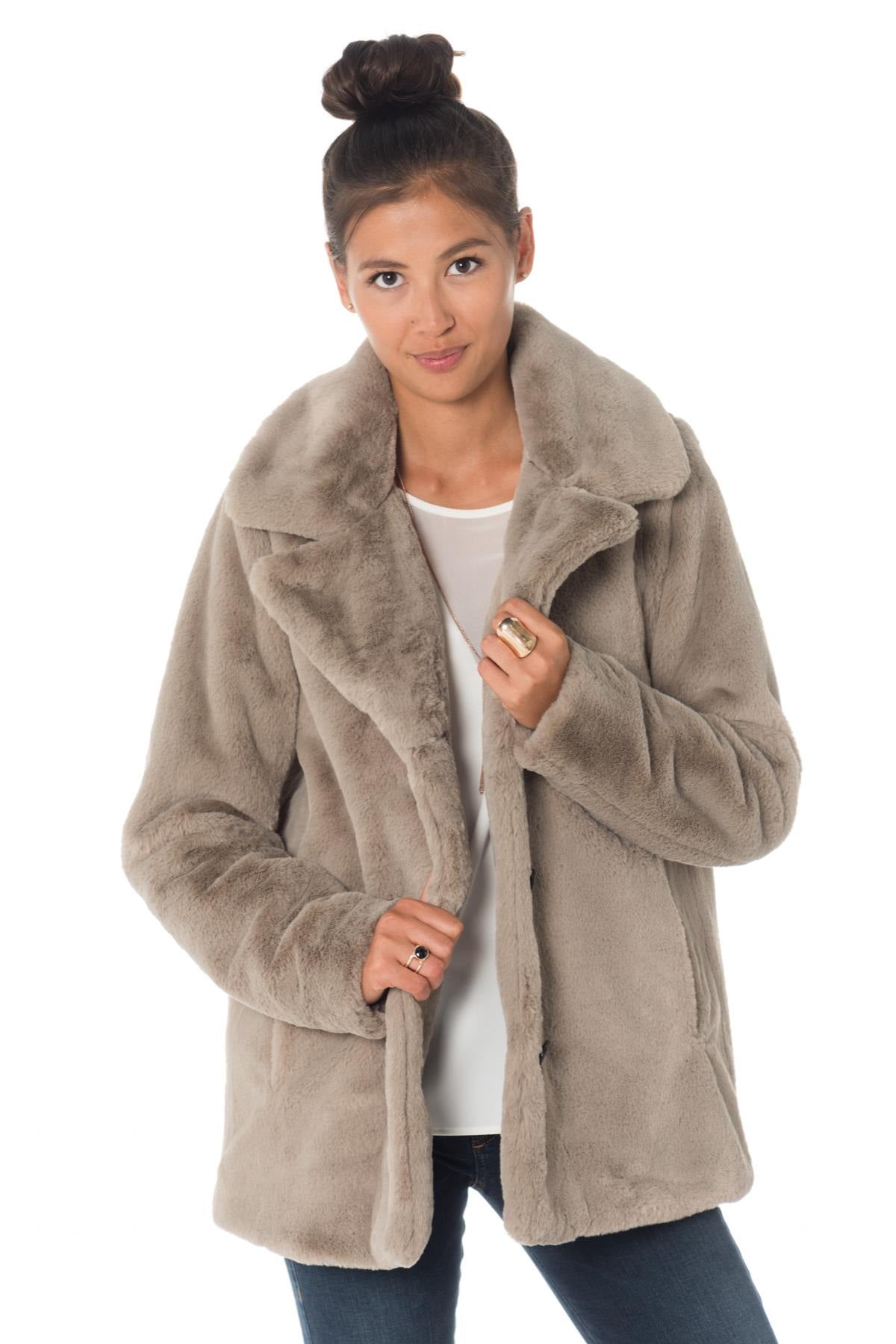 Dark beige faux fur jacket - Image n°6