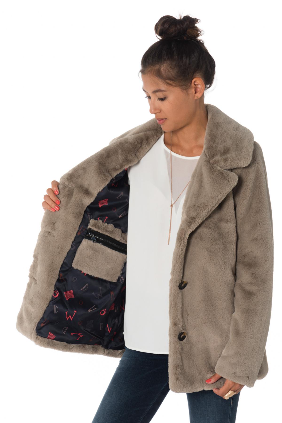Dark beige faux fur jacket - Image n°7