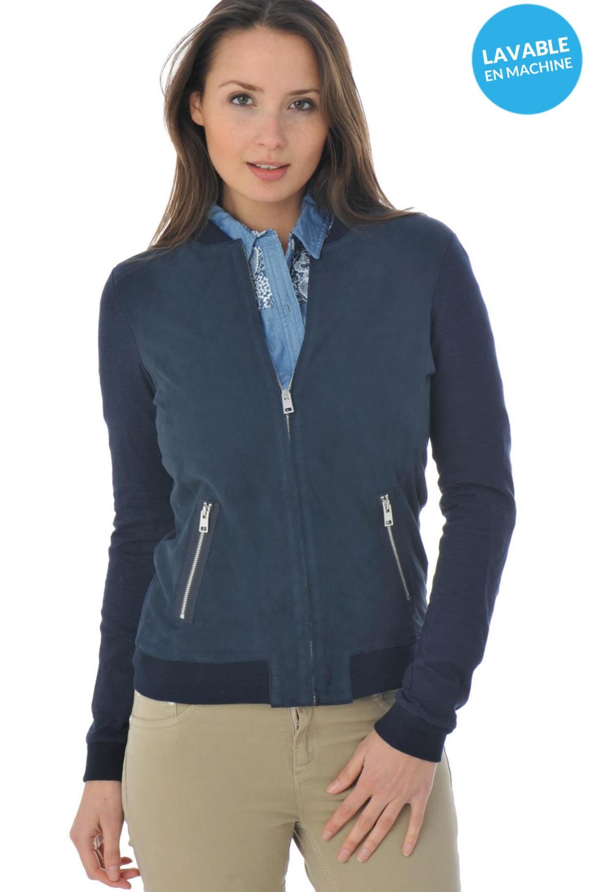 Blue oakwood leather and textile jacket - Image n°1