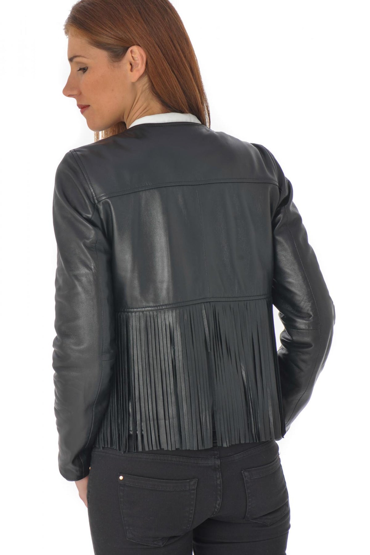 Oakwood braided black leather jacket with fringes - Image n°4