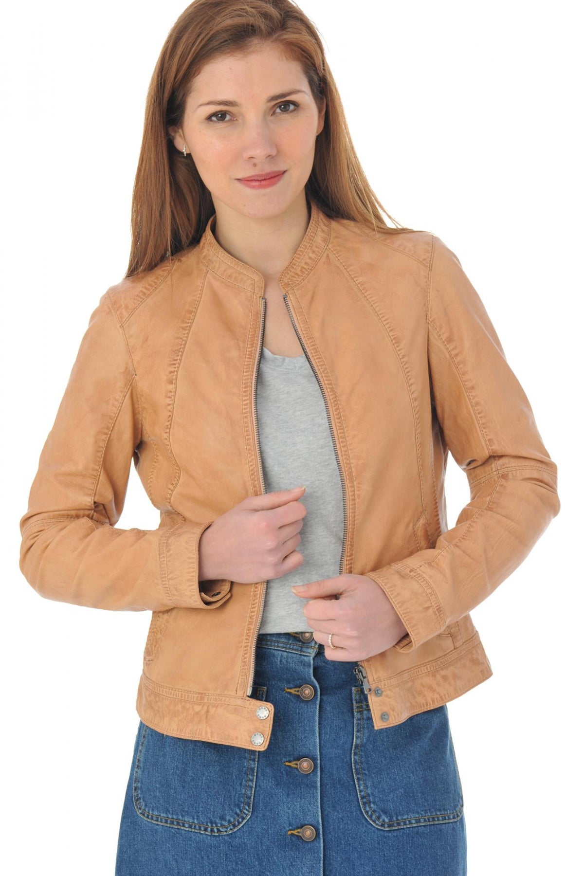 Light orange motorcycle look leather jacket - Image n°1