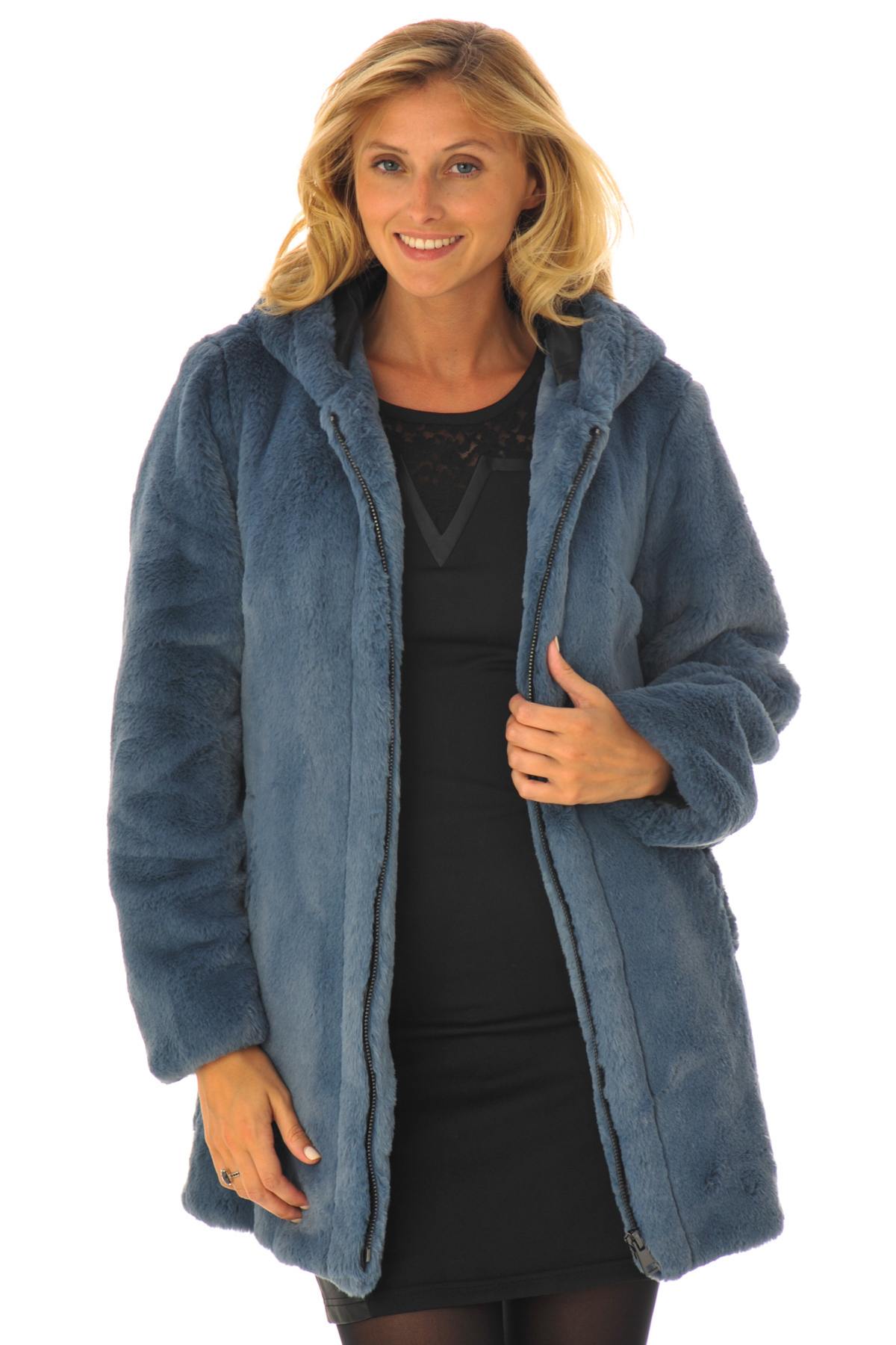 Gray fur-effect polyester coat - Image n°3