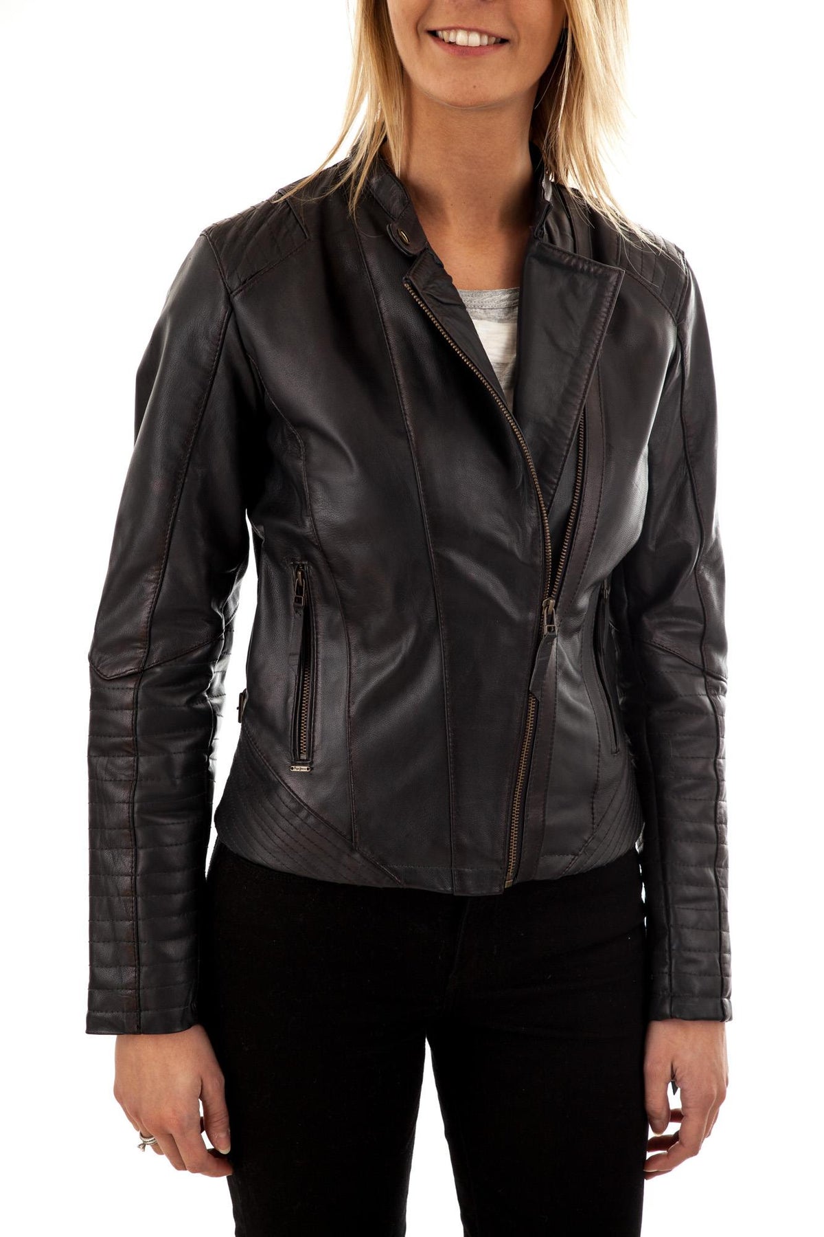 Pepe Jeans biker collar jacket in goatskin leather - Image n°2