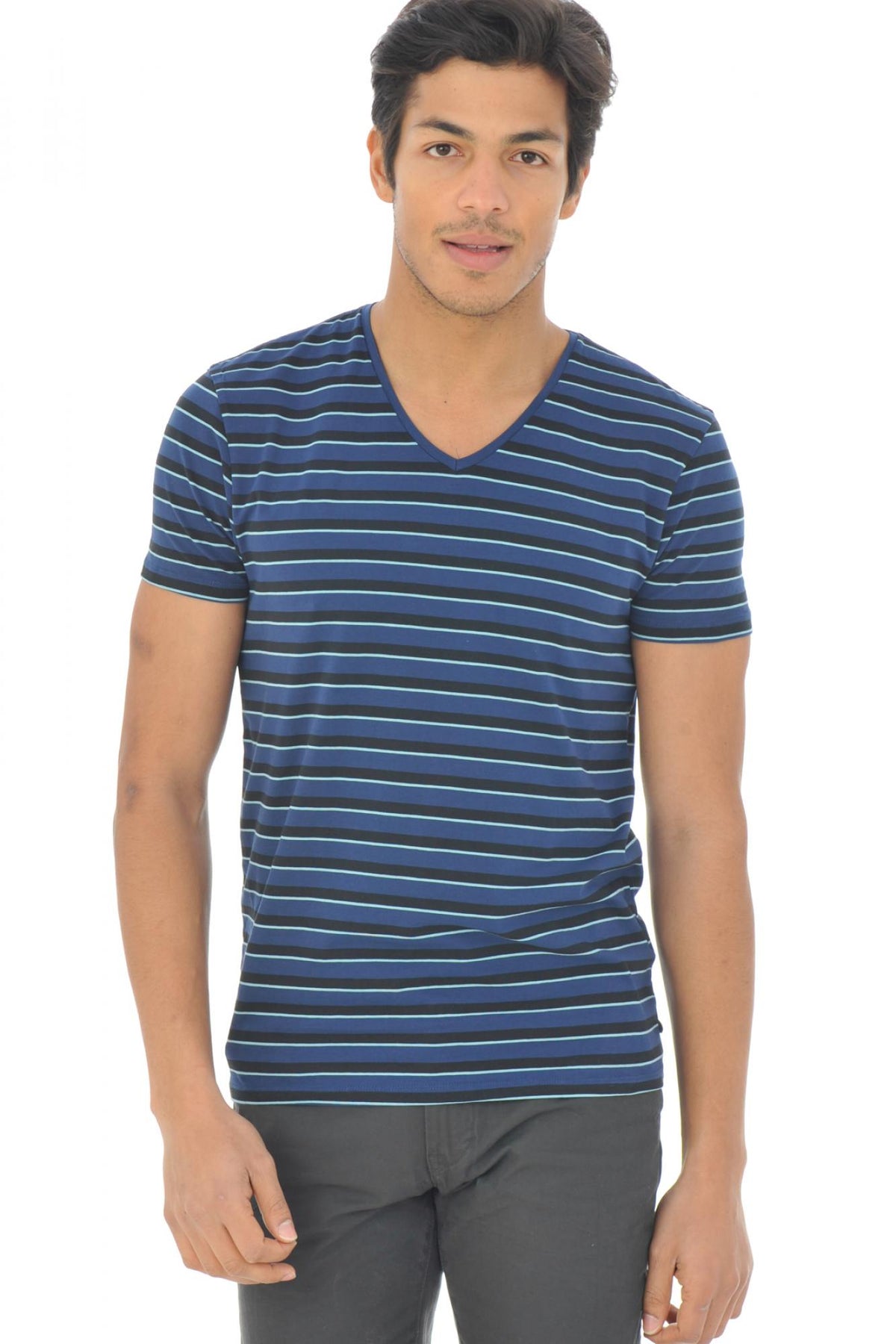 Men's dark blue striped t-shirt - Image n°1