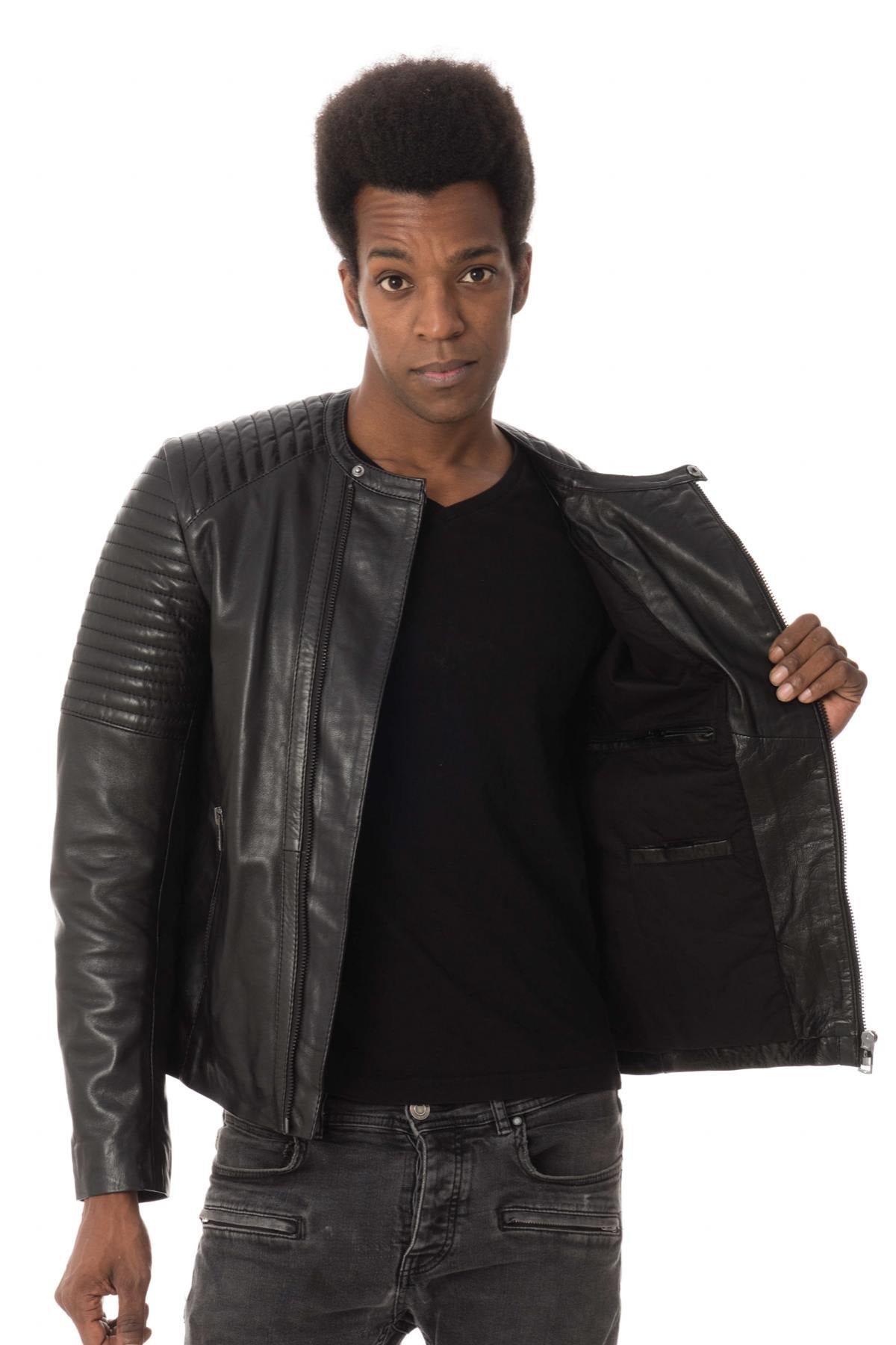 Round-neck jacket in black lambskin - Image n°6