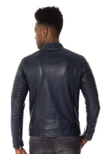 Navy blue leather biker collar jacket - Image n°7