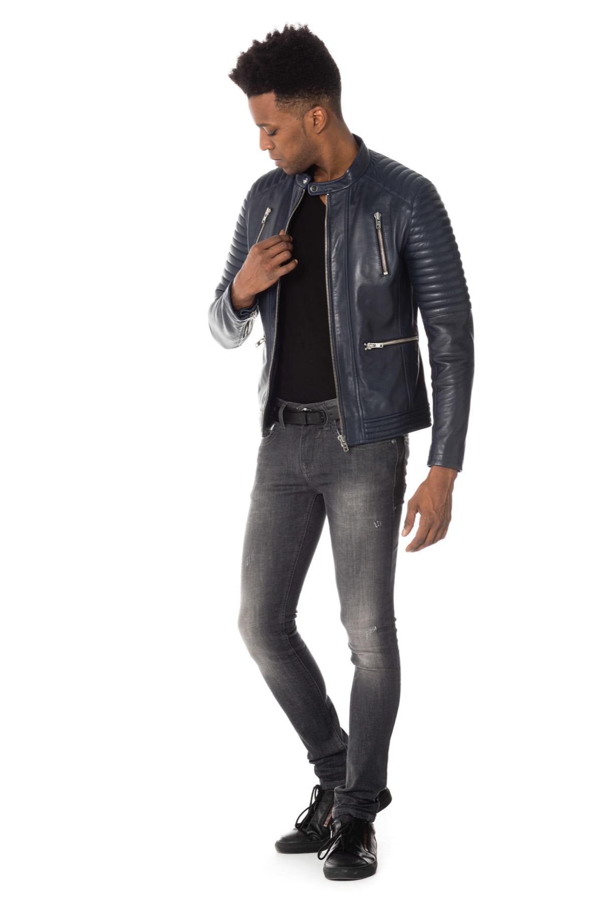 Navy blue leather biker collar jacket - Image n°2