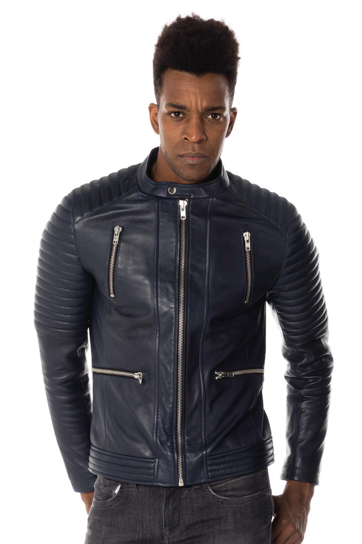 Navy blue leather biker collar jacket - Image n°4