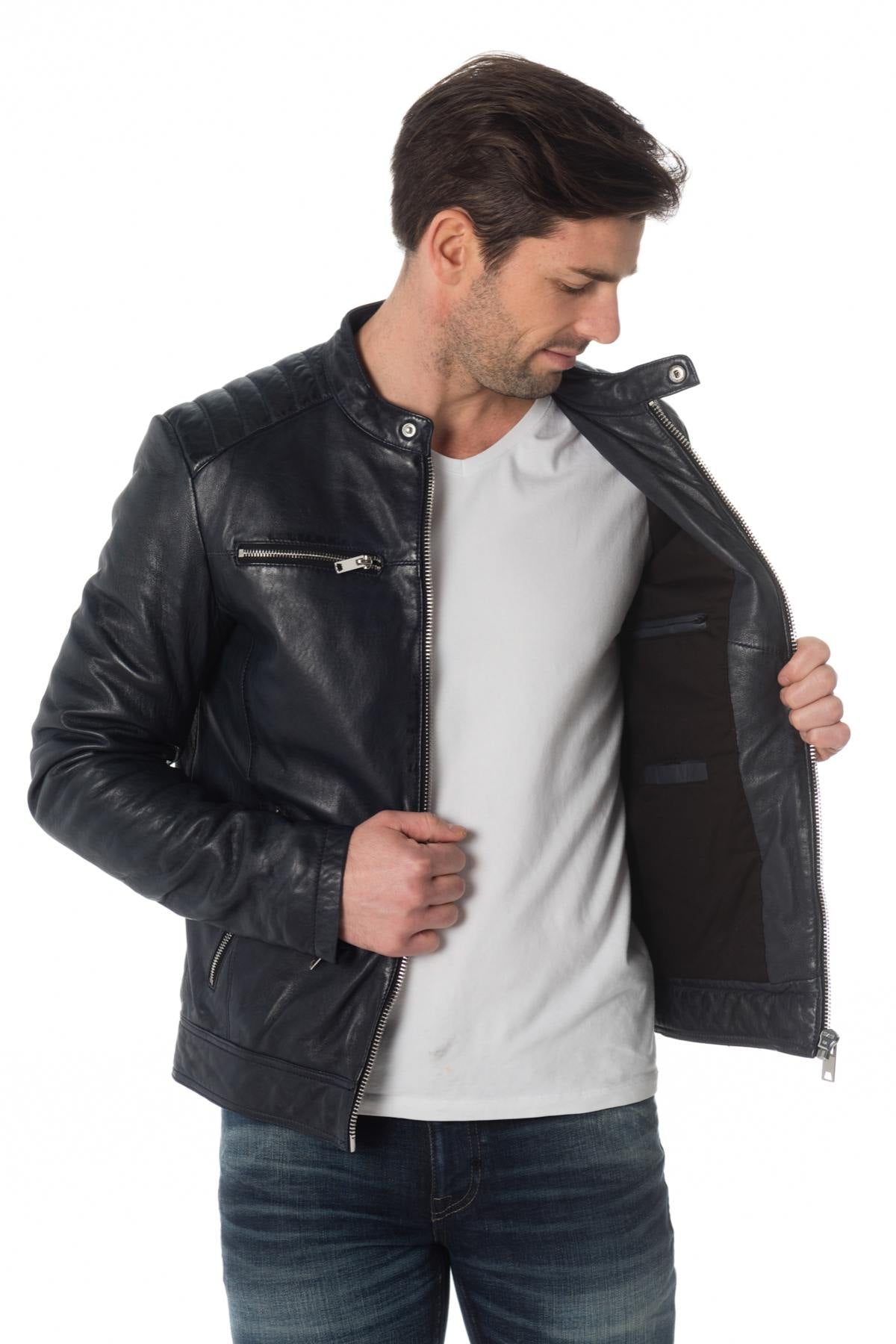 Men's navy blue lambskin jacket - Image n°4