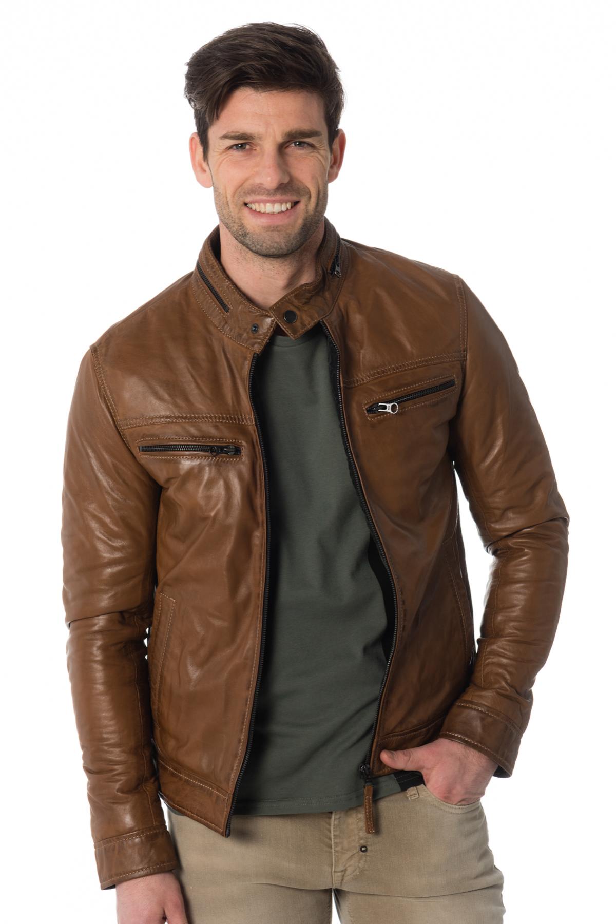 Men's lambskin leather jacket in oxblood color - Image n°5