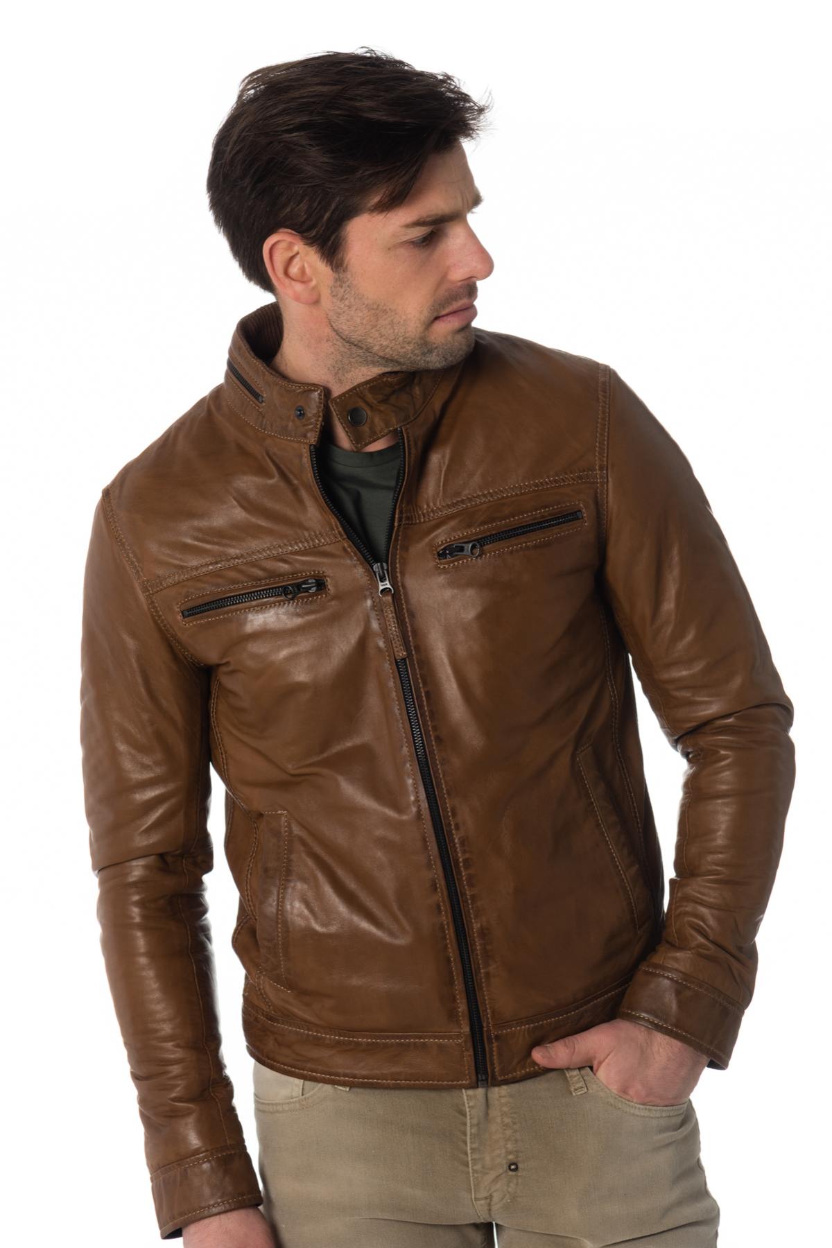 Men's lambskin leather jacket in oxblood color - Image n°4