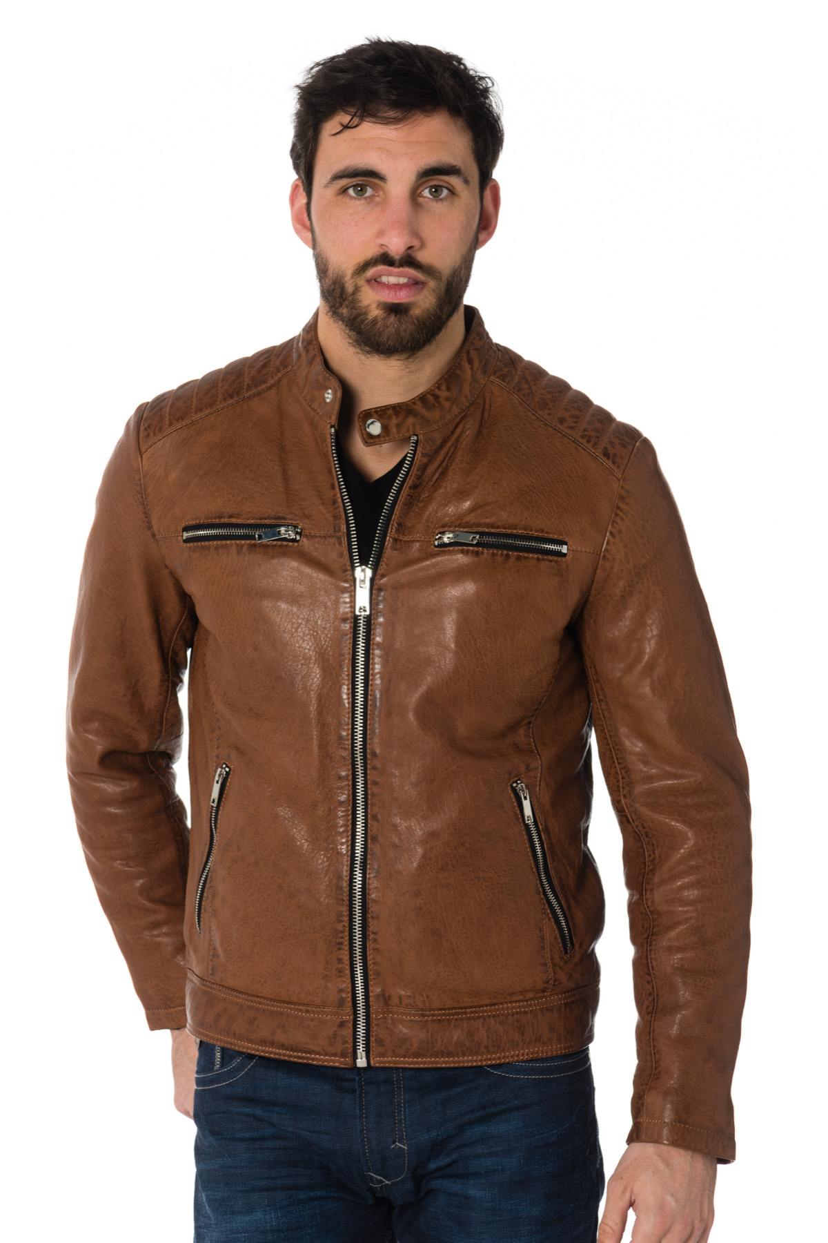 Cognac lambskin leather biker collar jacket - Image n°6