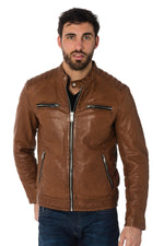 Cognac lambskin leather biker collar jacket - Image n°6