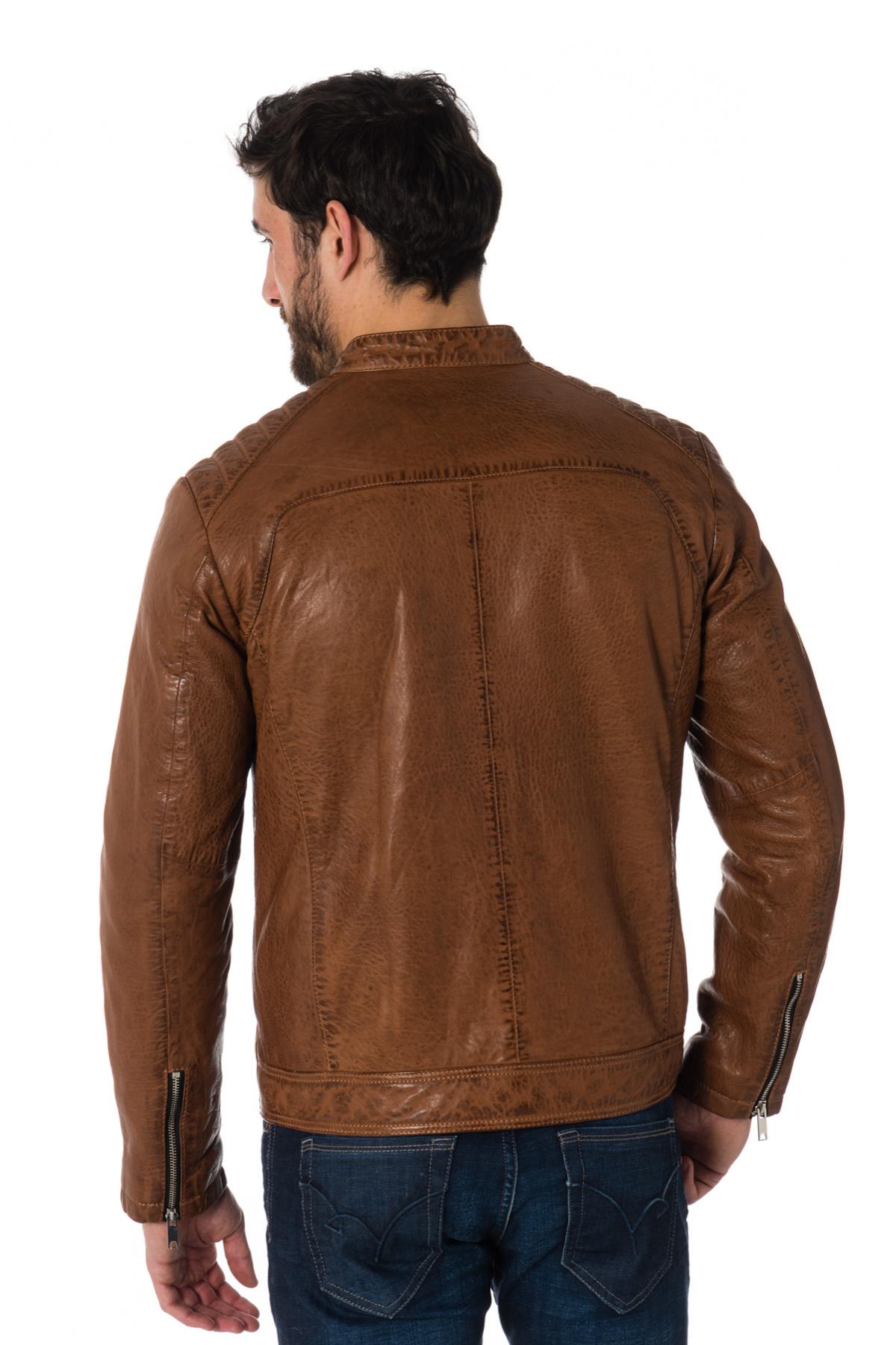 Cognac lambskin leather biker collar jacket - Image n°5
