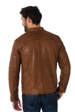 Cognac lambskin leather biker collar jacket - Image n°5