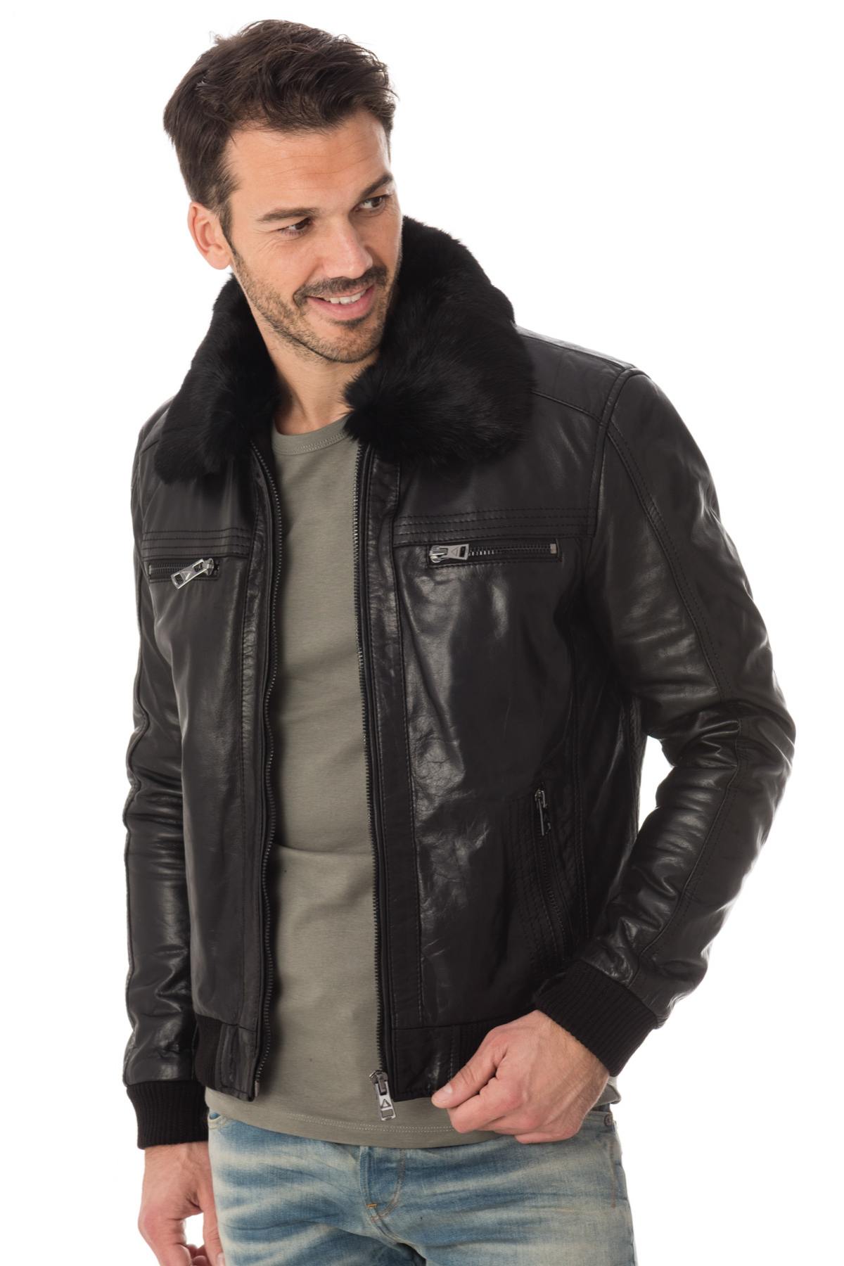 Buffalo leather jacket with fur collar - Image n°1