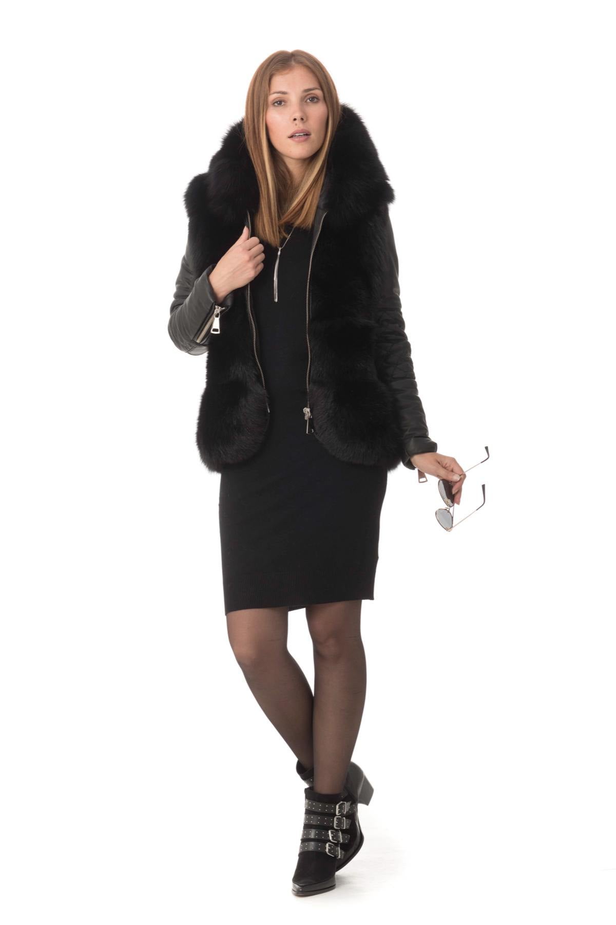Sheepskin leather jacket with fox fur - Image n°2