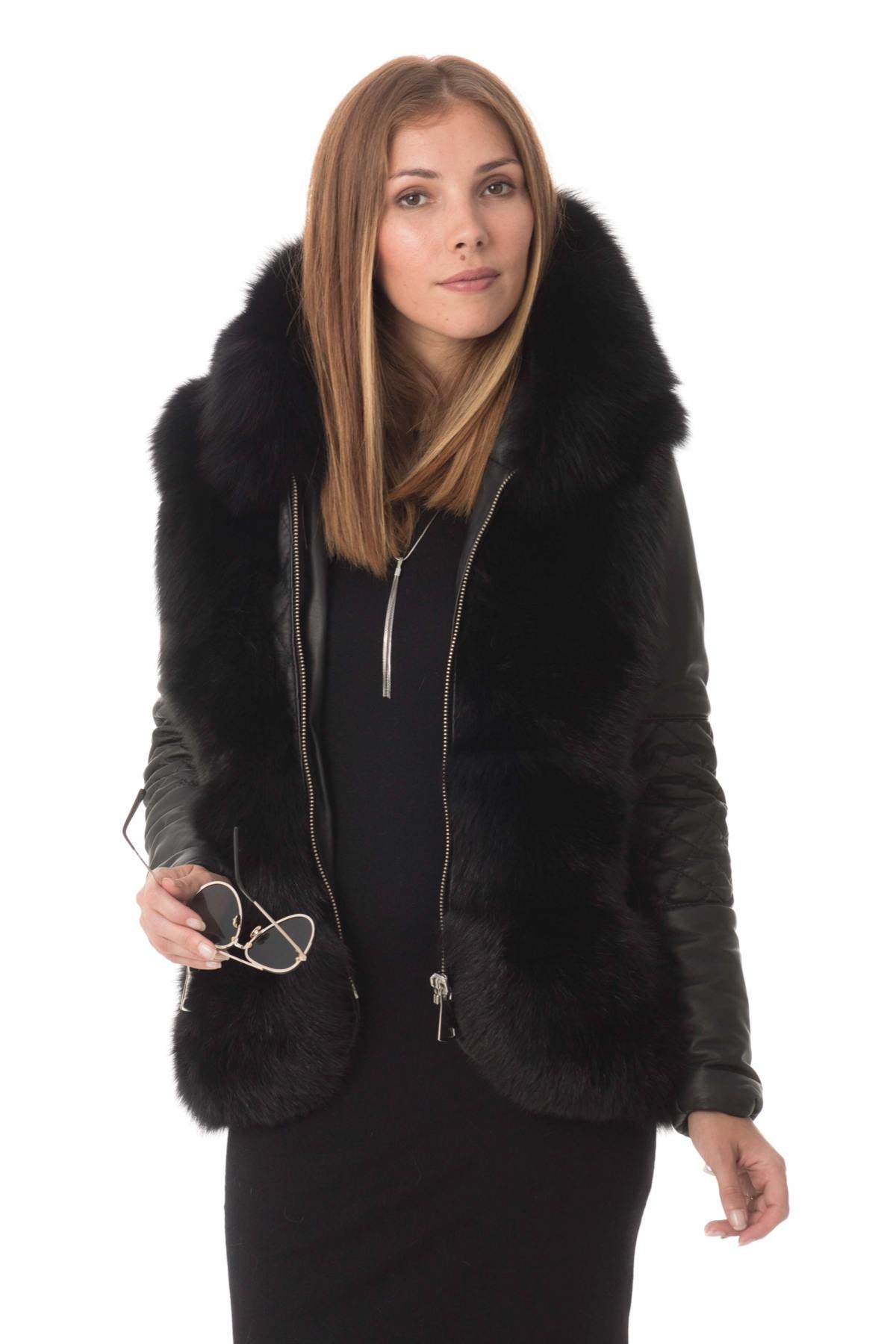 Sheepskin leather jacket with fox fur - Image n°3