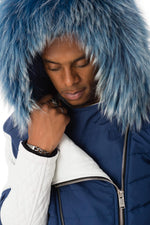 Blue and white bi-material down jacket with blue fur - Image n°5