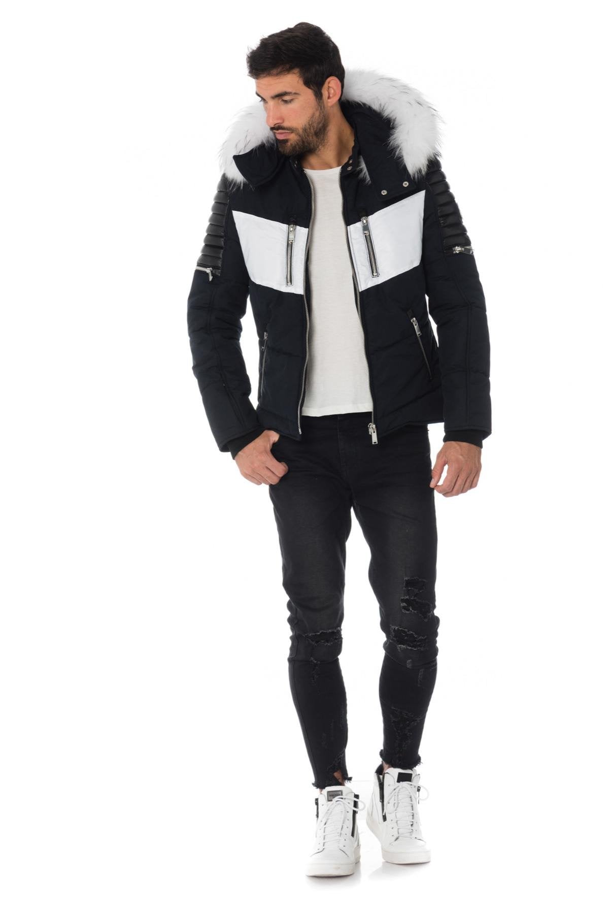 Men's navy/black/white down jacket with white collar - Image n°2