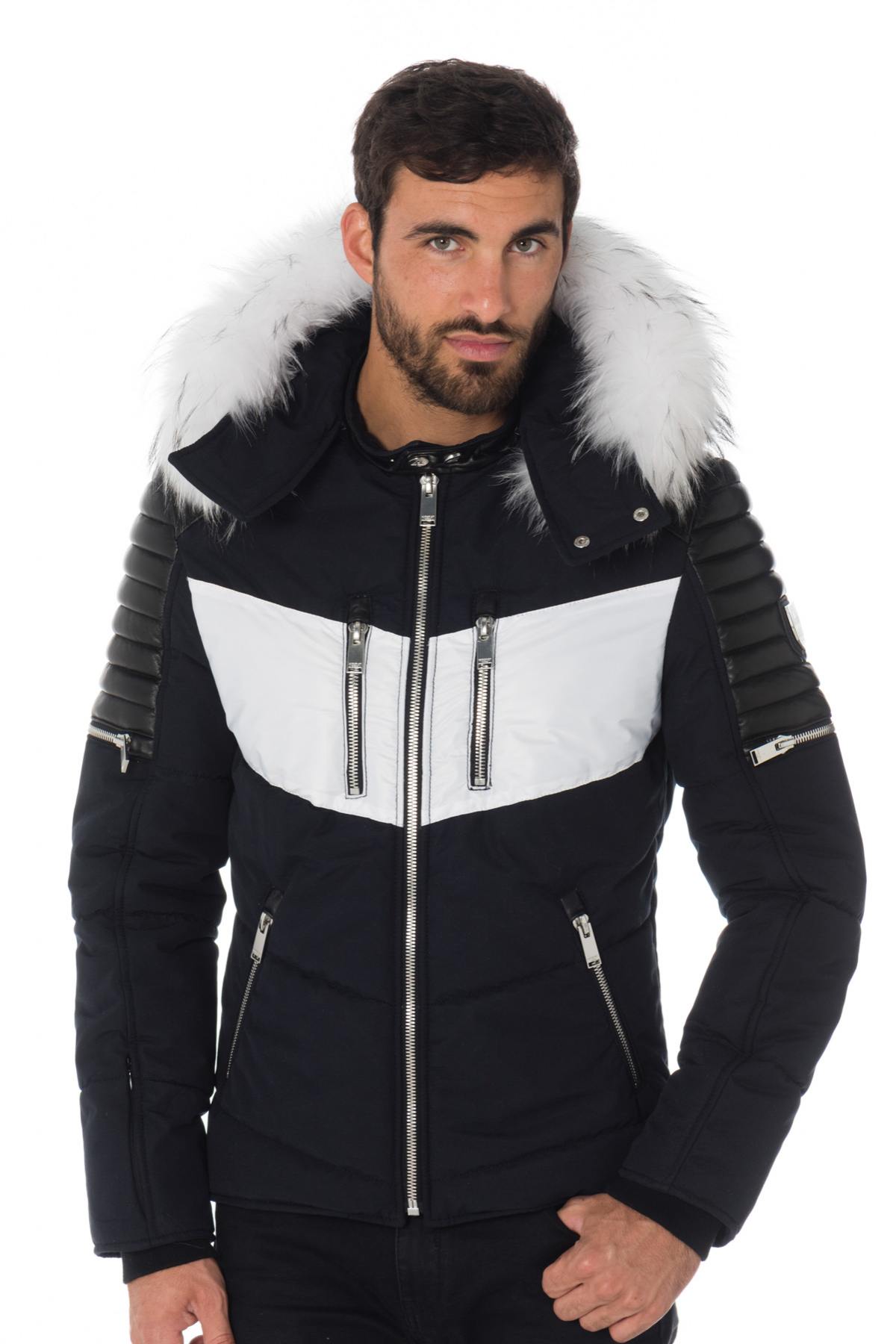 Men's navy/black/white down jacket with white collar - Image n°1