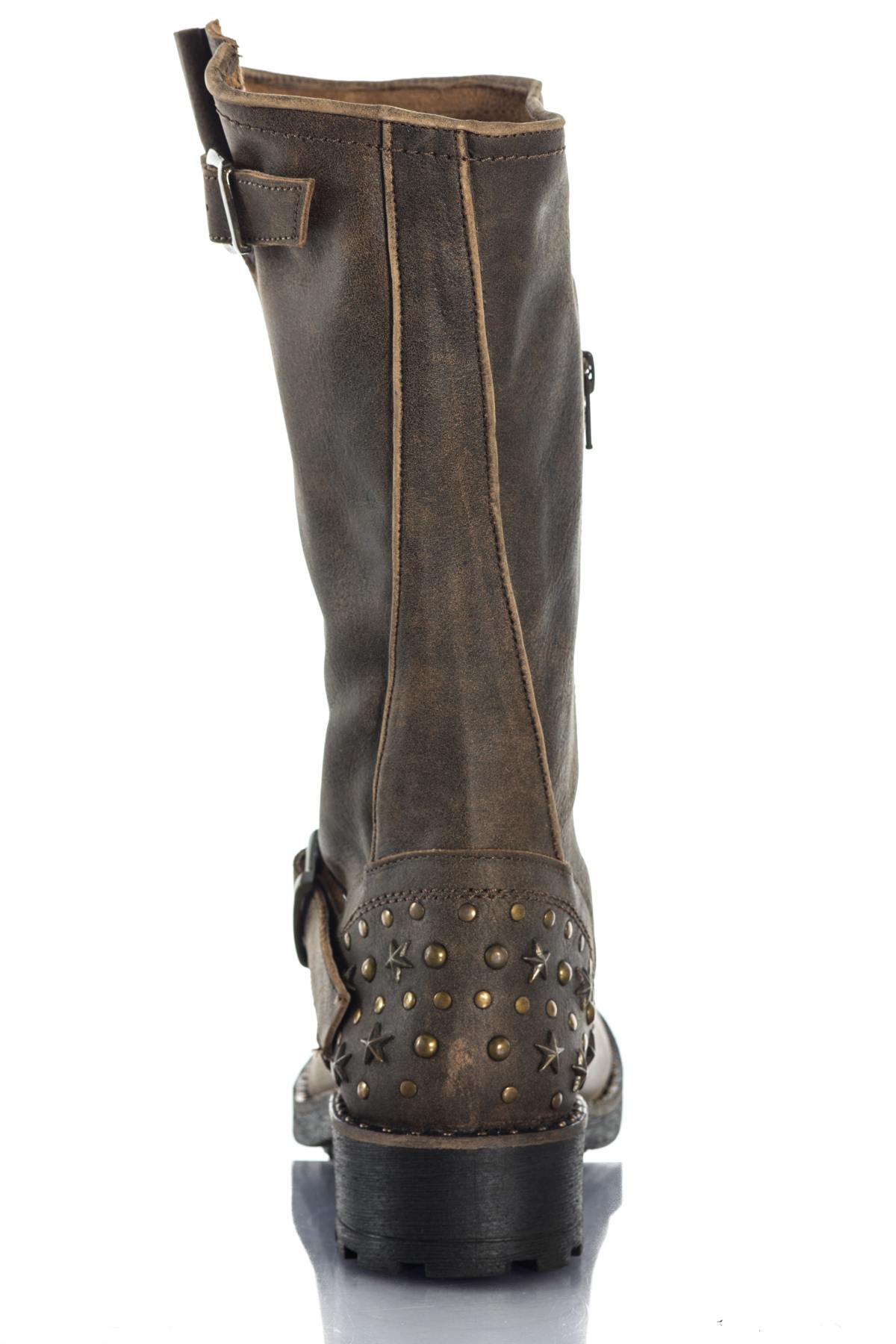 Distressed Brown Leather Studded Boots - Image n°5