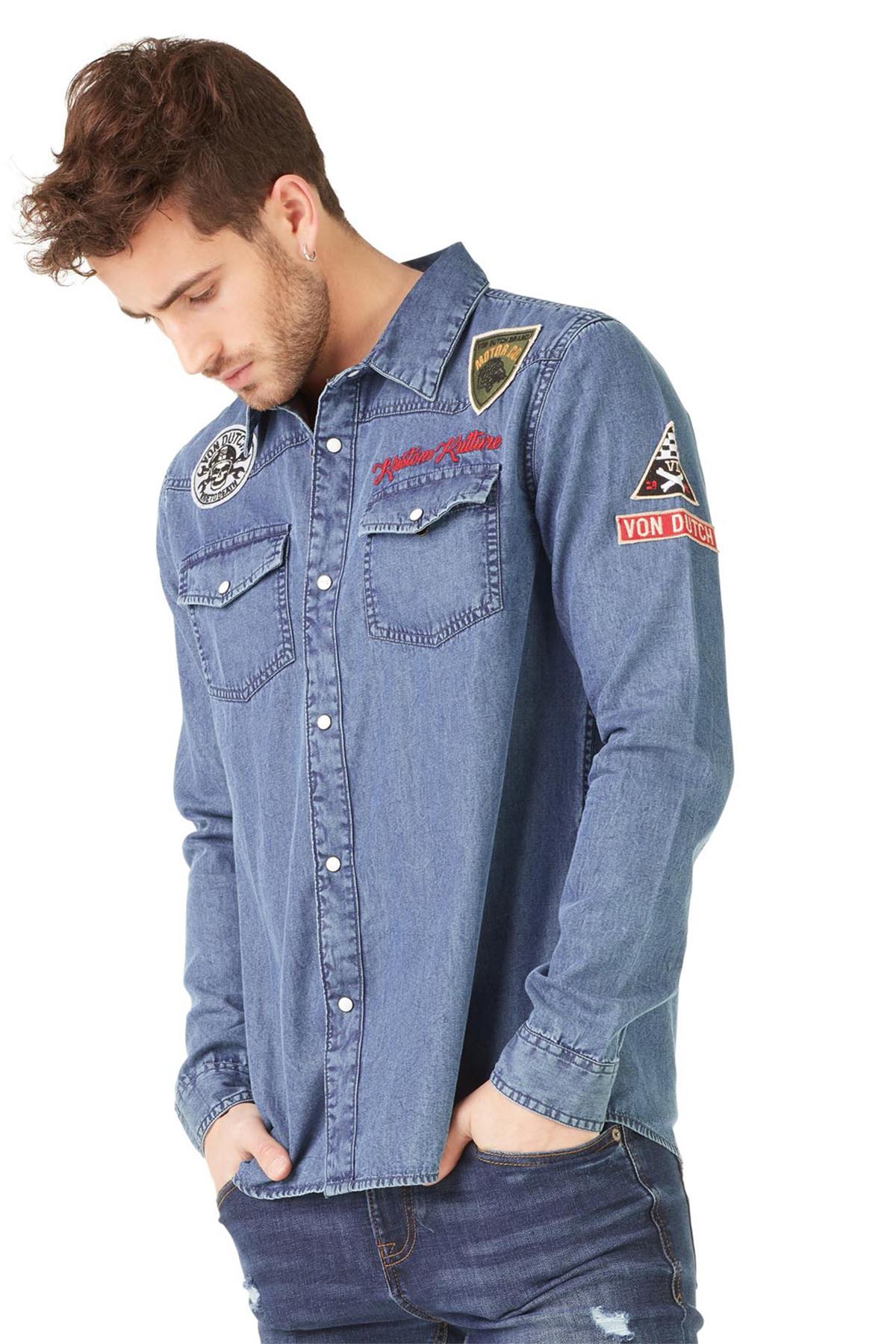 Blue denim shirt with patches - Image n°1