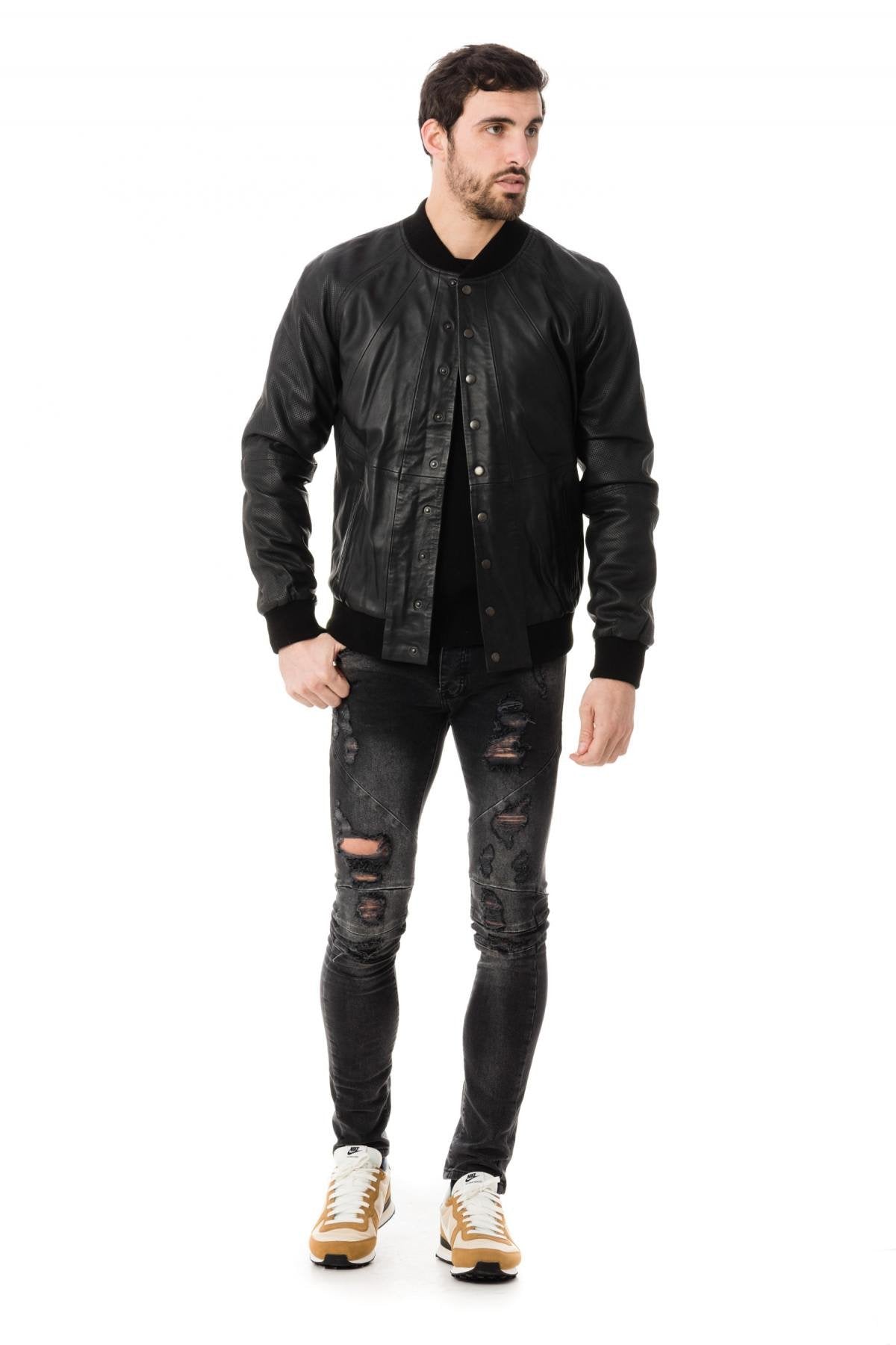 Black Leather Teddy Napp Jeans for Men - Image n°2