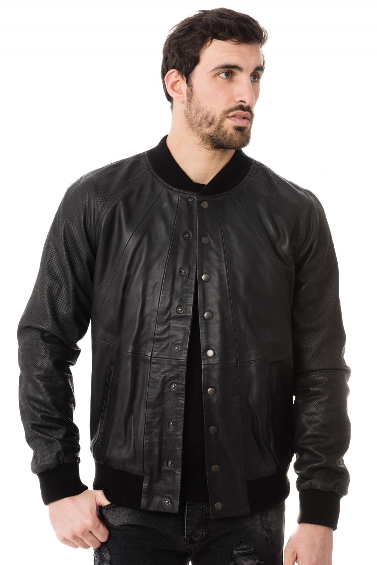Black Leather Teddy Napp Jeans for Men - Image n°1