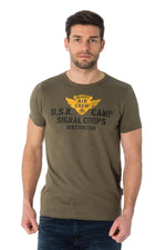 Men's round neck T-shirt, khaki color - Image n°1