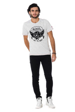 Light gray t-shirt with black velvet skull flocking - Image n°2
