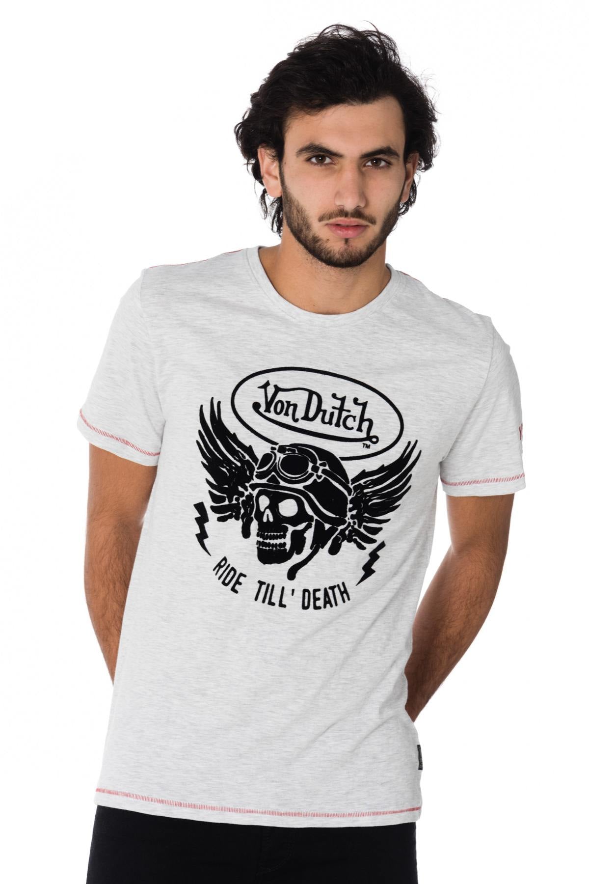 Light gray t-shirt with black velvet skull flocking - Image n°1