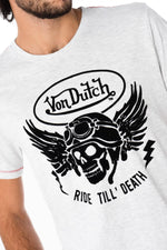 Light gray t-shirt with black velvet skull flocking - Image n°5