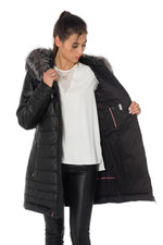 Women's down jacket in black sheepskin leather with raccoon fur - Image n°4
