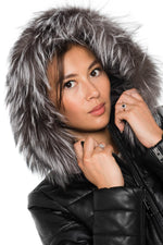 Women's down jacket in black sheepskin leather with raccoon fur - Image n°6