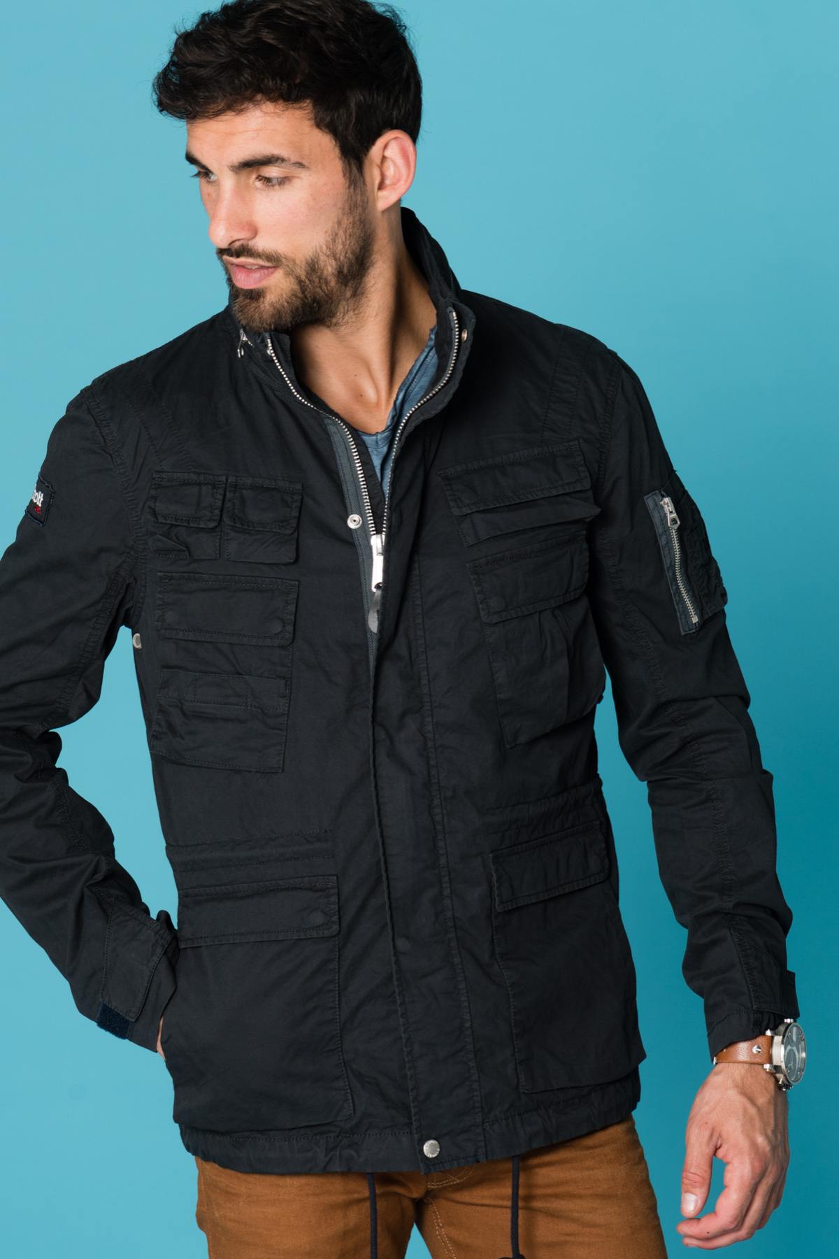 Men's navy blue textile coat - Image n°1