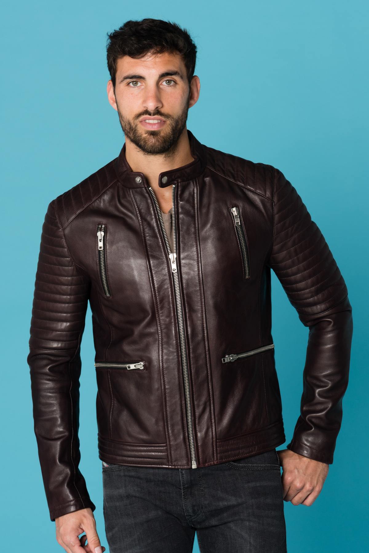 Dark burgundy biker collar jacket - Image n°2