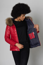 Red leather down jacket with fur collar - Image n°6