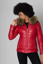 Red leather down jacket with fur collar - Image n°3