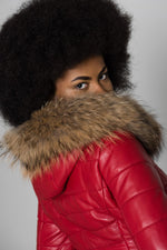Red leather down jacket with fur collar - Image n°8