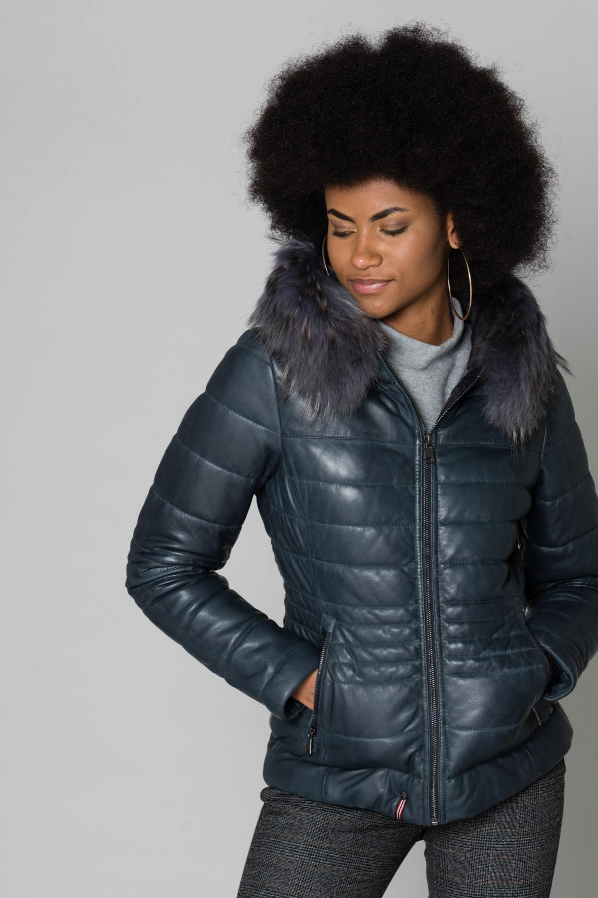 Blue jacket with raccoon fur hood - Image n°1