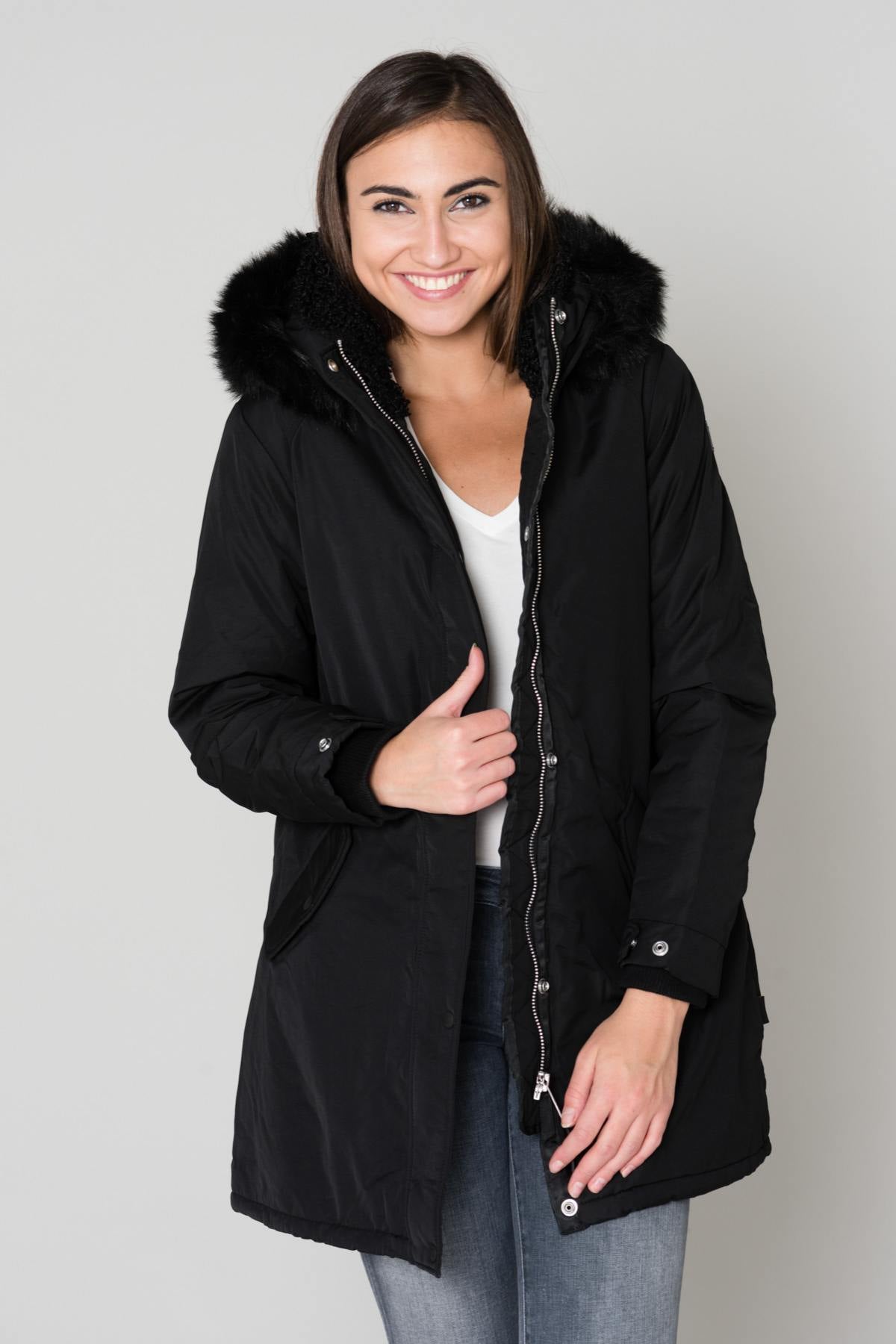 Women's black parka with fur collar - Image n°4