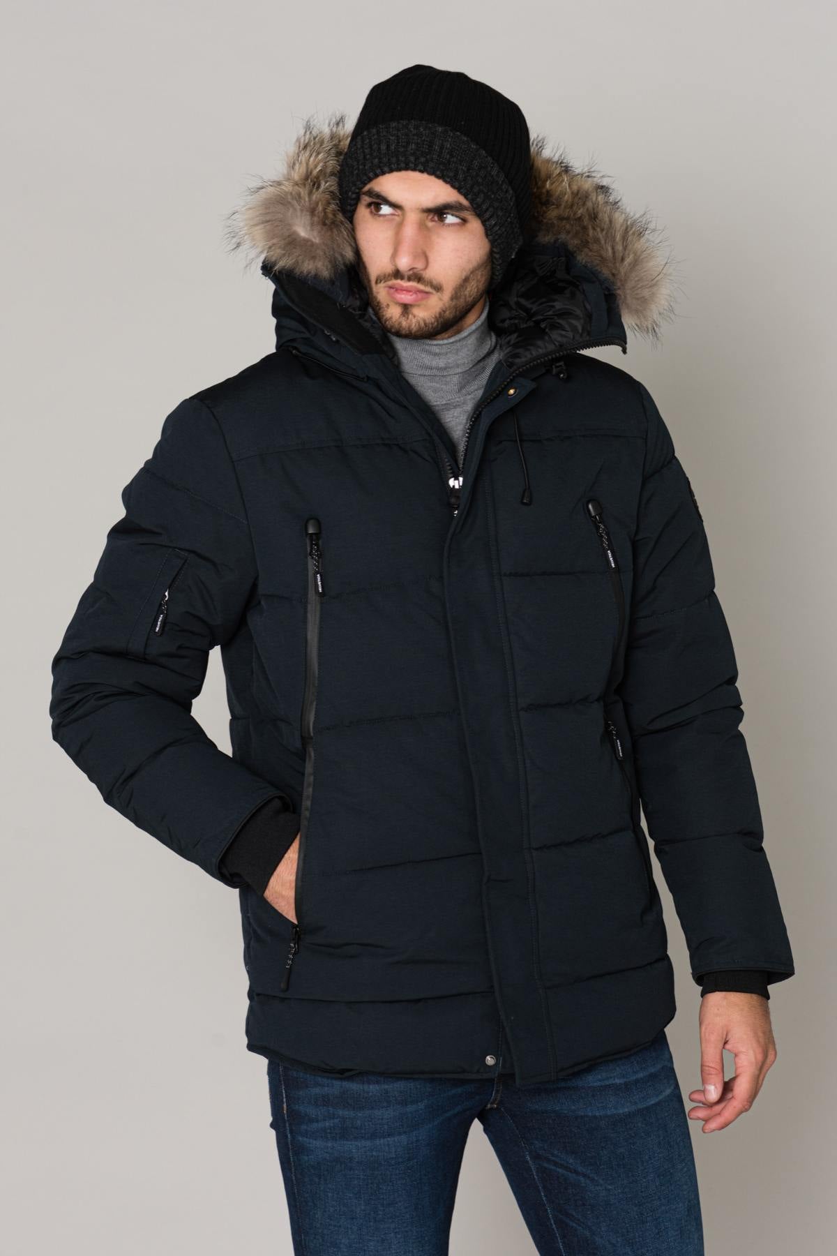 Navy blue parka with fur - Image n°1