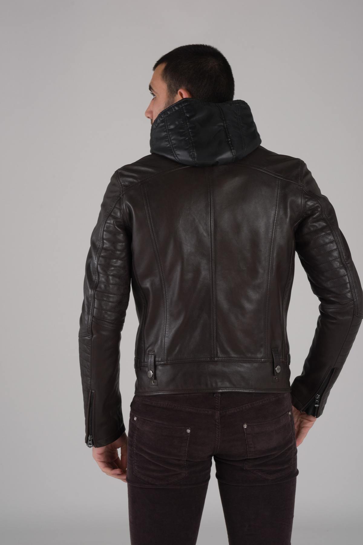 Brown leather jacket with facing - Image n°6