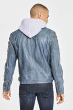 Blue leather jacket with removable hood - Image n°4