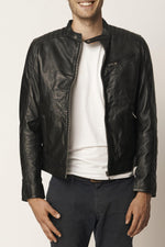Men's black leather jacket with snap collar - Image n°2