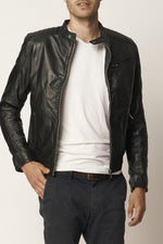 Men's black leather jacket with snap collar - Image n°1