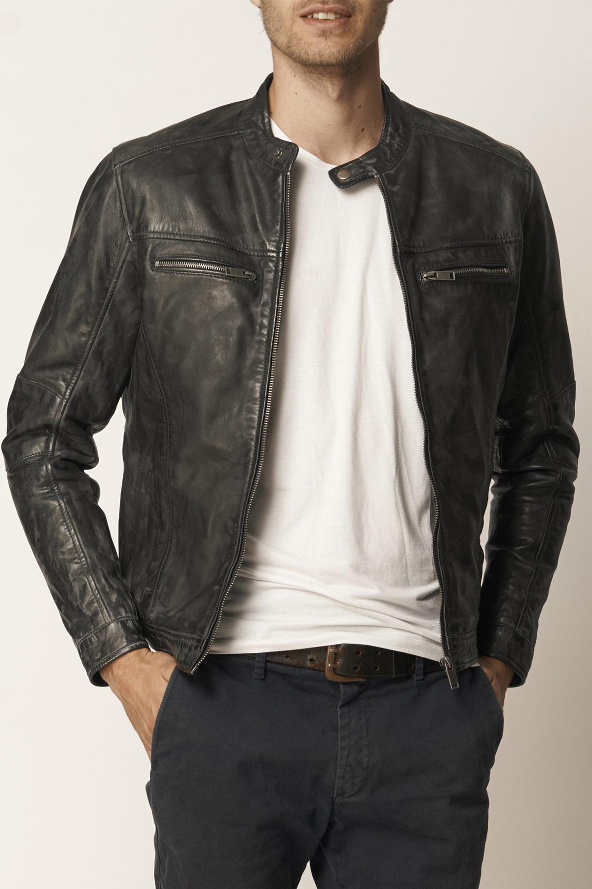 Men's black distressed leather jacket - Image n°1